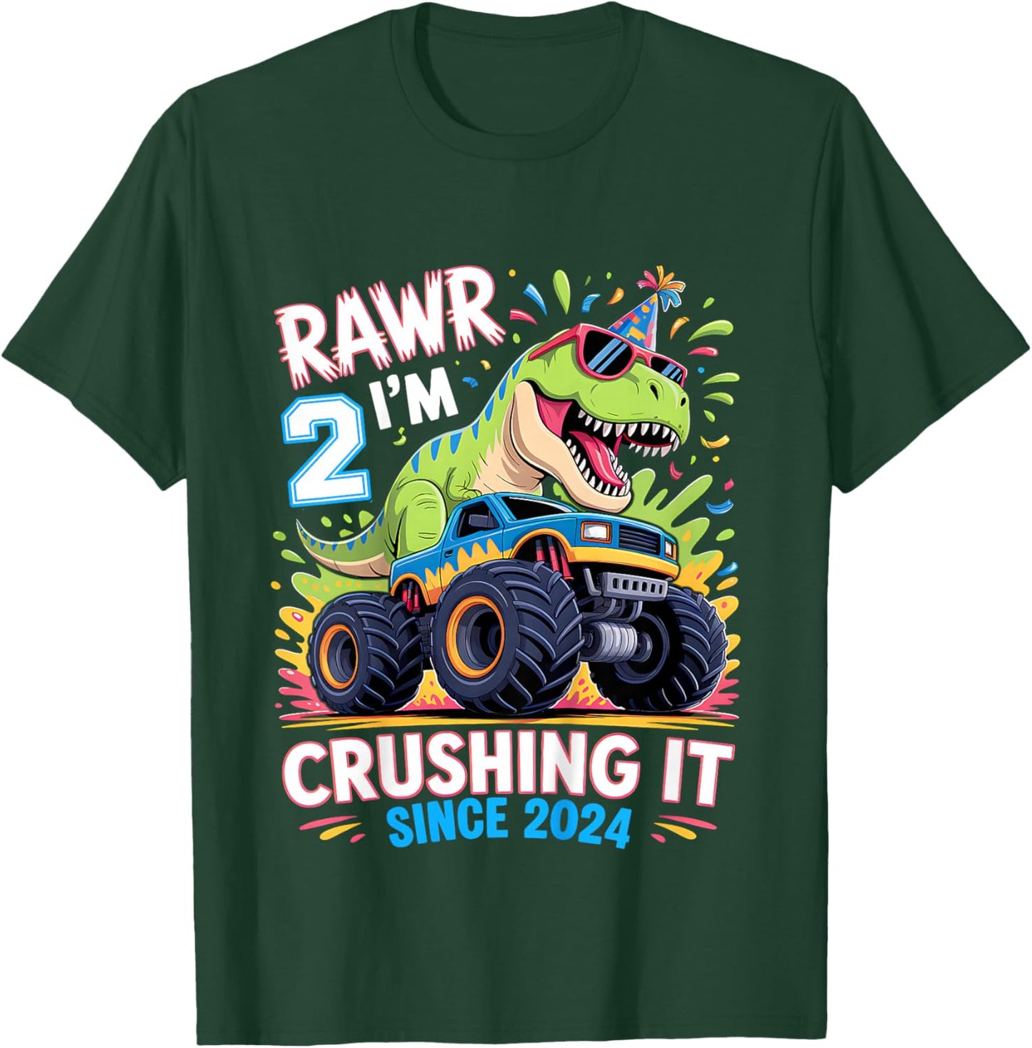 Kids 2nd Birthday Monster Truck Dinosaur Since 2024 Rawr I'm 2 T-Shirt - T-Shirt | Forest