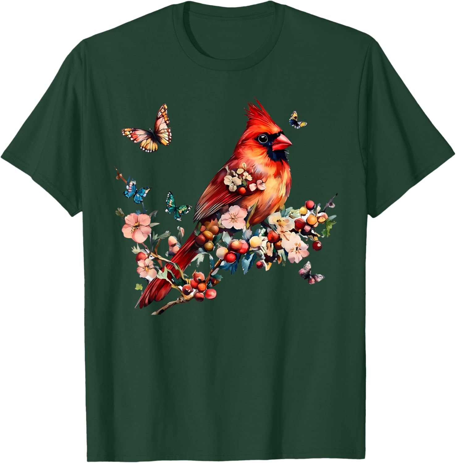 Vintage Red Cardinal Floral Butterfly Bird Animal Lovers T-Shirt - T-Shirt | Forest