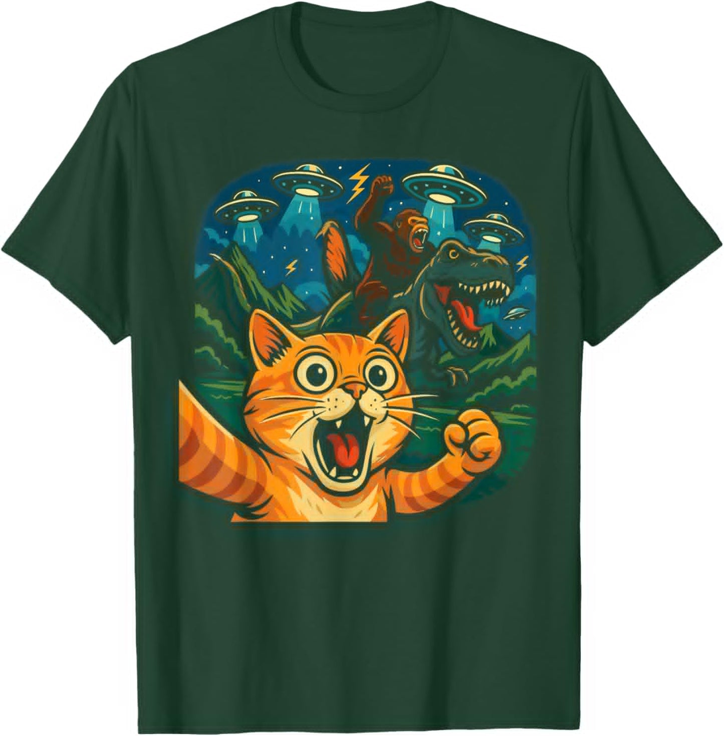 Funny Cat Selfie with T-Rex Gorilla UFO T-Shirt - T-Shirt | Forest