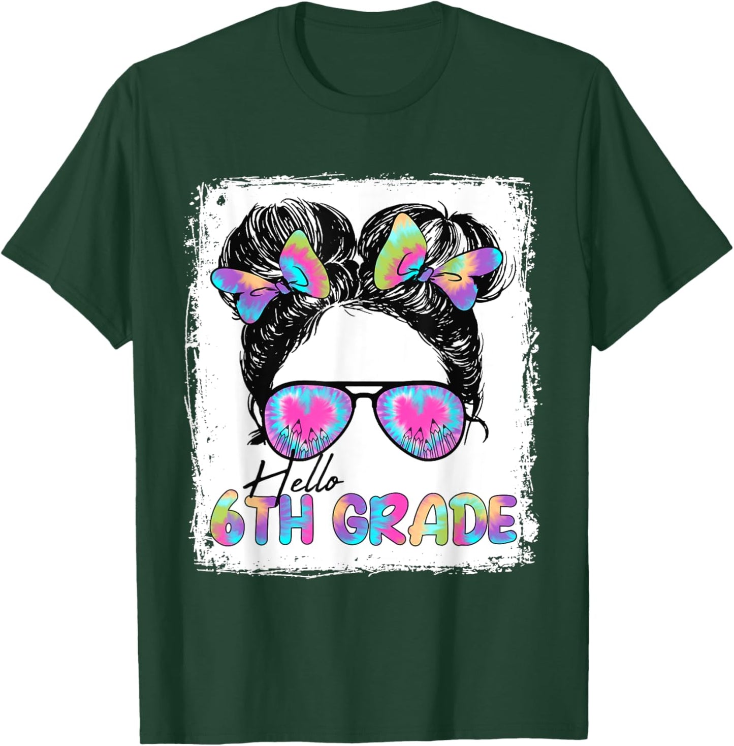 Hello 6th Grade Messy Hair Bun Girl Back To School First Day T-Shirt - T-Shirt | Forest