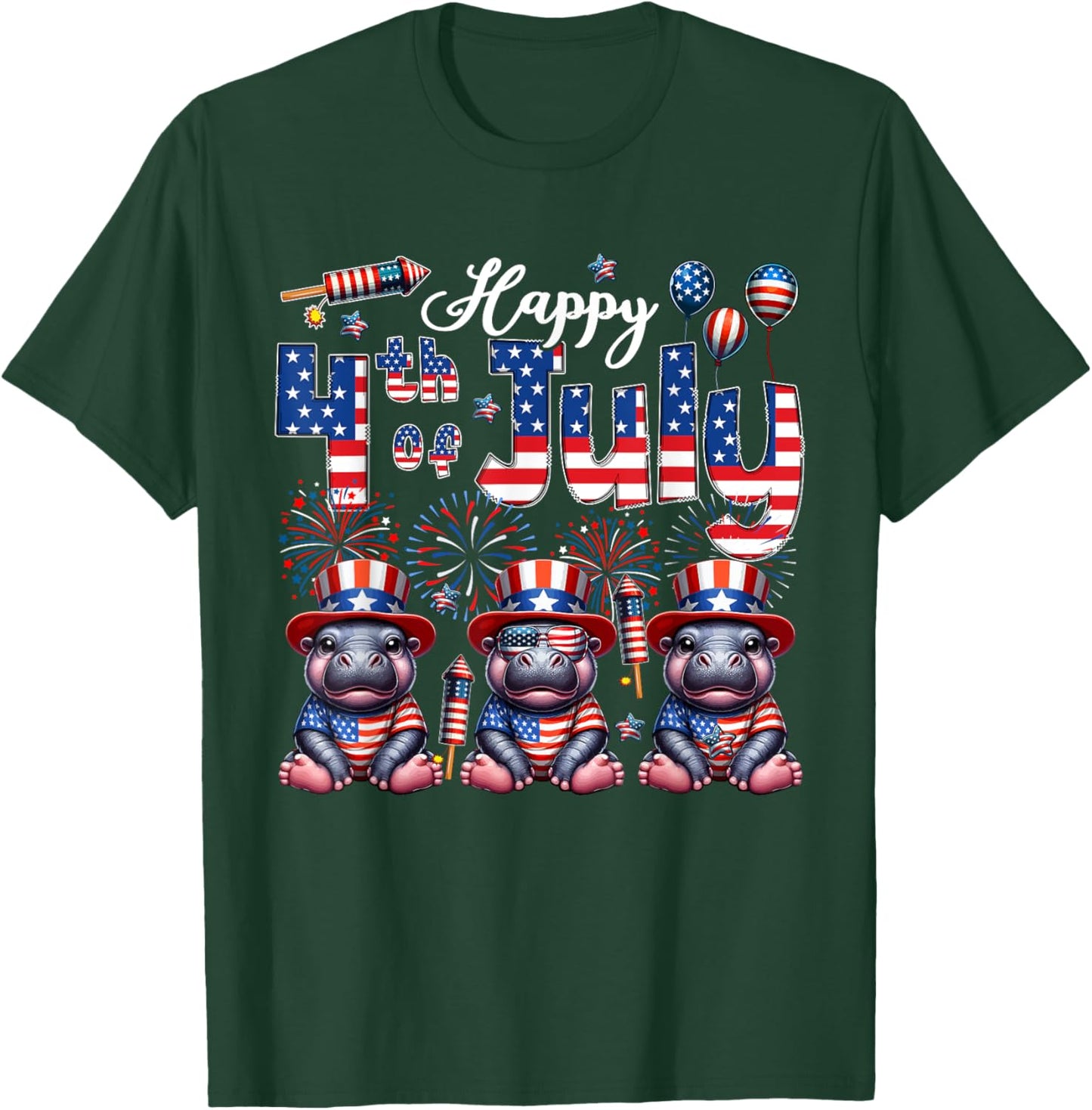 Happy 4th Of July Three Cute Hippos Sunglasses Flag Proud T-Shirt - T-Shirt | Forest