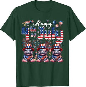 Happy 4th Of July Three Cute Hippos Sunglasses Flag Proud T-Shirt - T-Shirt | Forest
