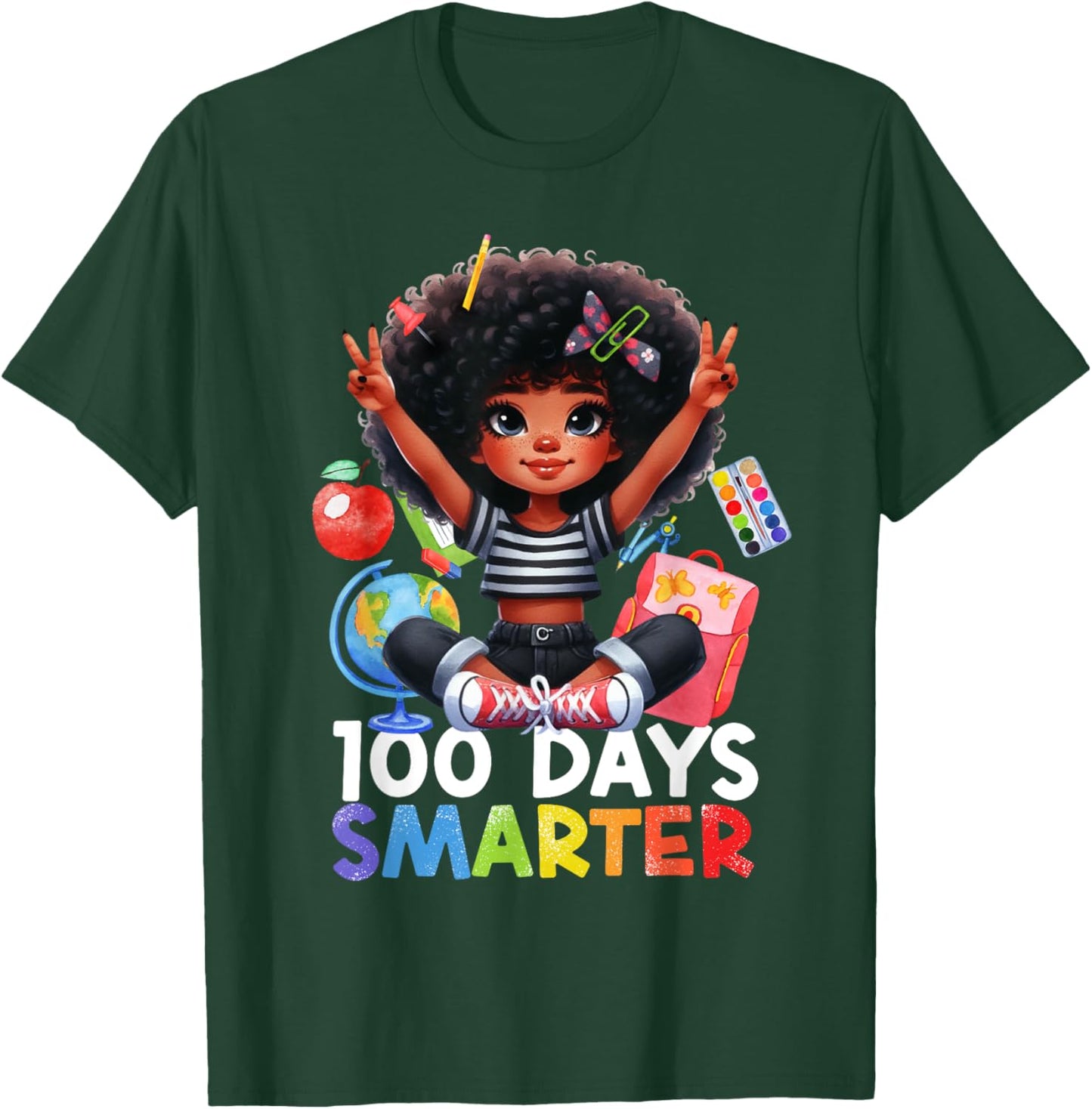 100th Day of School Afro Girls Messy Bun Hair Funny Girls T-Shirt - T-Shirt | Forest