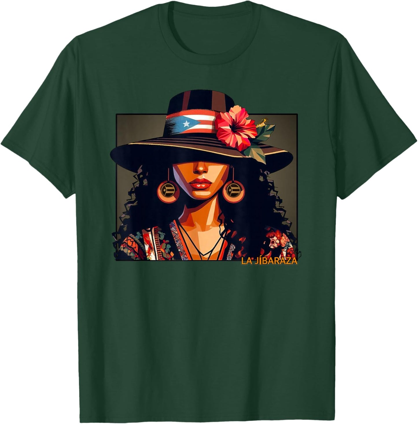 Jibara, Boricua Flag, Puerto Rican Hibiscus Flower T-Shirt - T-Shirt | Forest