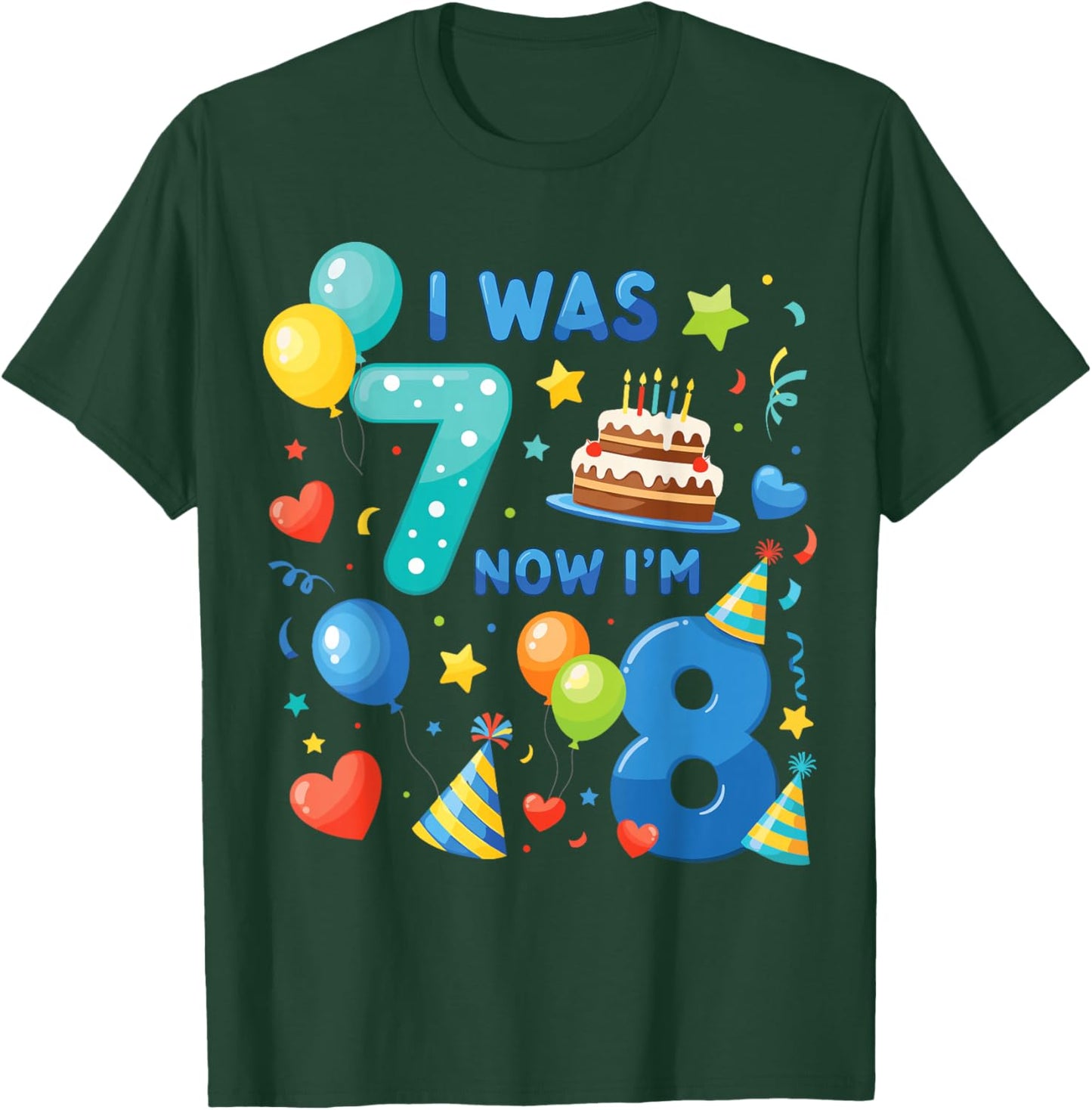 8th Birthday Boys I was 7 Now I’m 8 Birthday Party Kids T-Shirt - T-Shirt | Forest