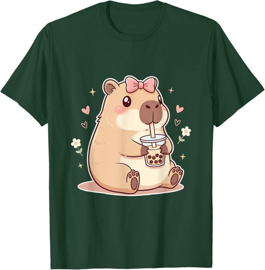 Cute Coquette Bow Capybara Girls Women T-Shirt - T-Shirt | Forest