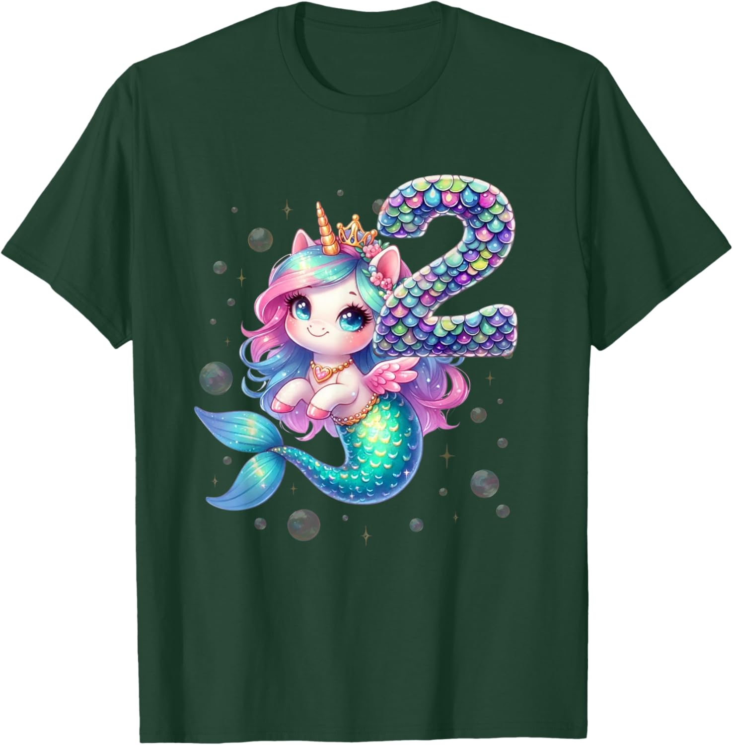 Unicorn Mermaid 2nd Birthday 2 Year Old Party Girls Outfit T-Shirt - T-Shirt | Forest