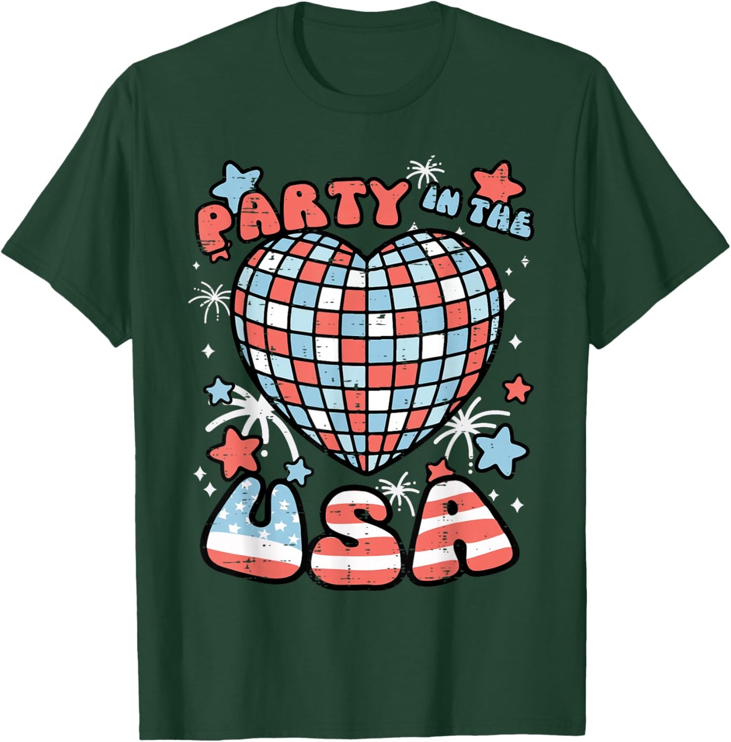 Party in The USA Disco Heart 4th of July Women Girls Kids T-Shirt - T-Shirt | Forest