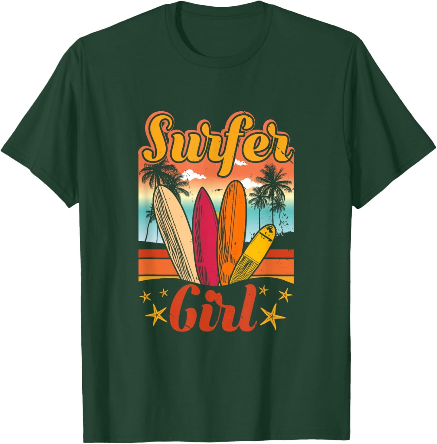 Surfer Girl Beach Retro 70s Vintage Surfing Vacation Summer T-Shirt - T-Shirt | Forest