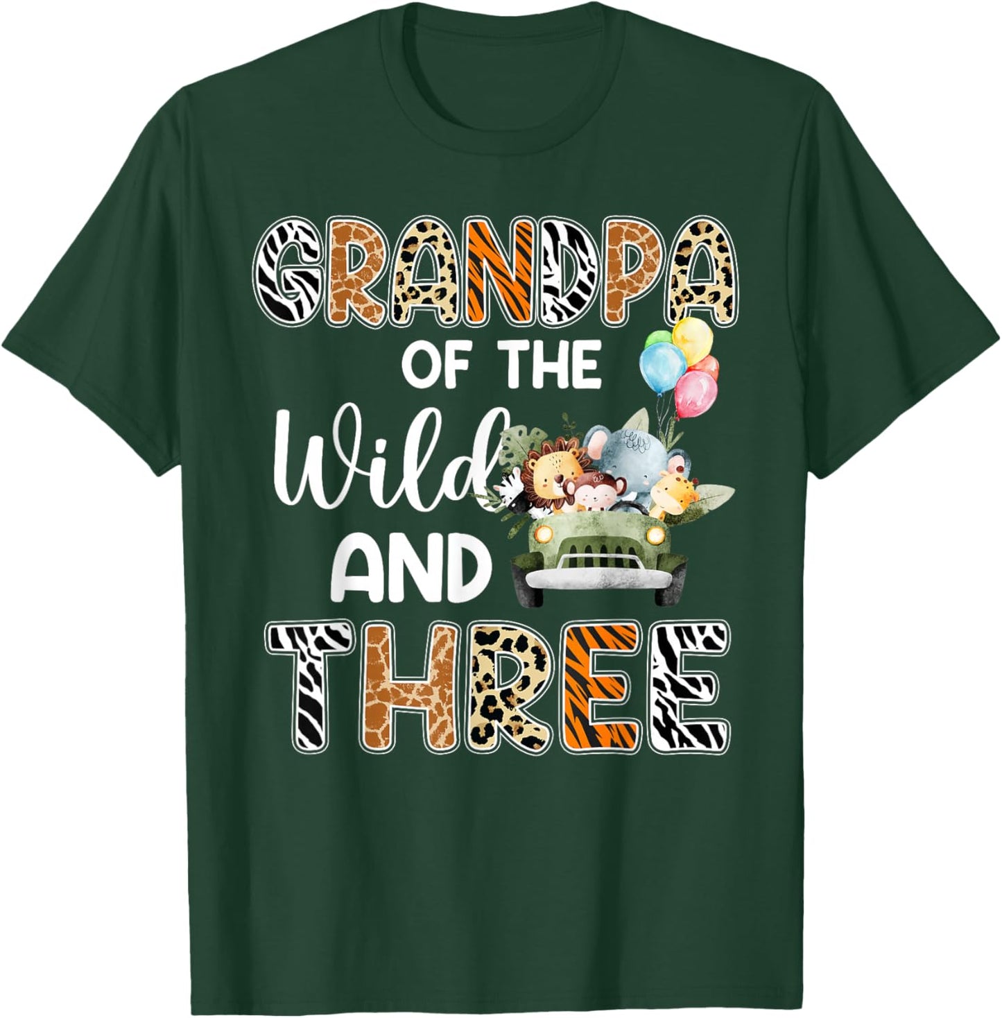 Grandpa Of The Wild and Three 3 Birthday Zoo Safari Jungle T-Shirt - T-Shirt | Forest