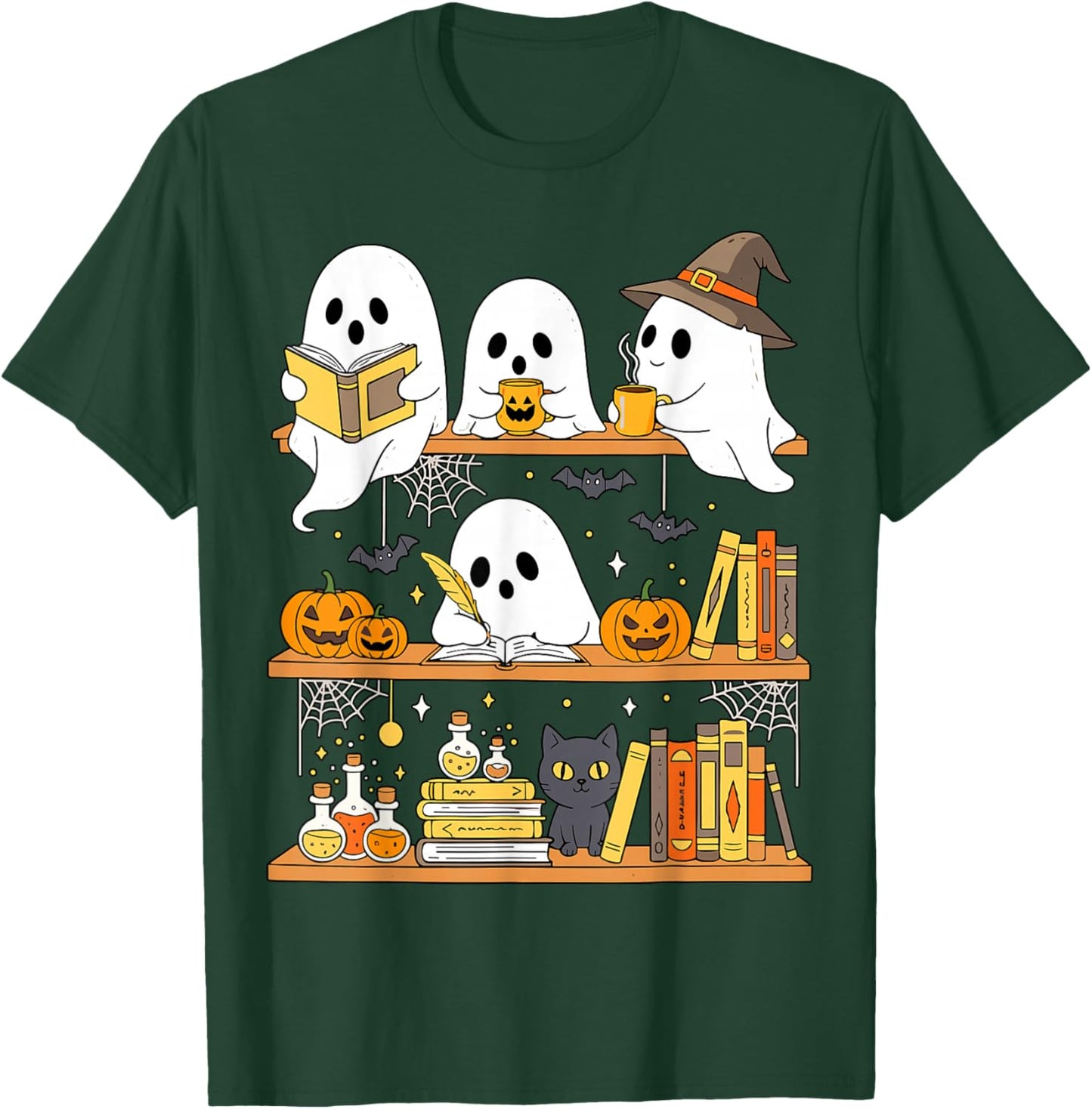 Cute Halloween Ghost Bookshelf Cat Book Lover T-Shirt - T-Shirt | Forest