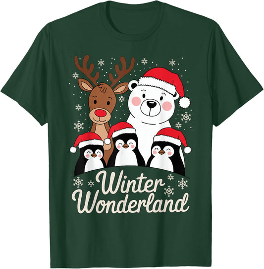Winter Wonderland Reindeer Polar Bear Penguin Xmas Art T-Shirt - T-Shirt | Forest
