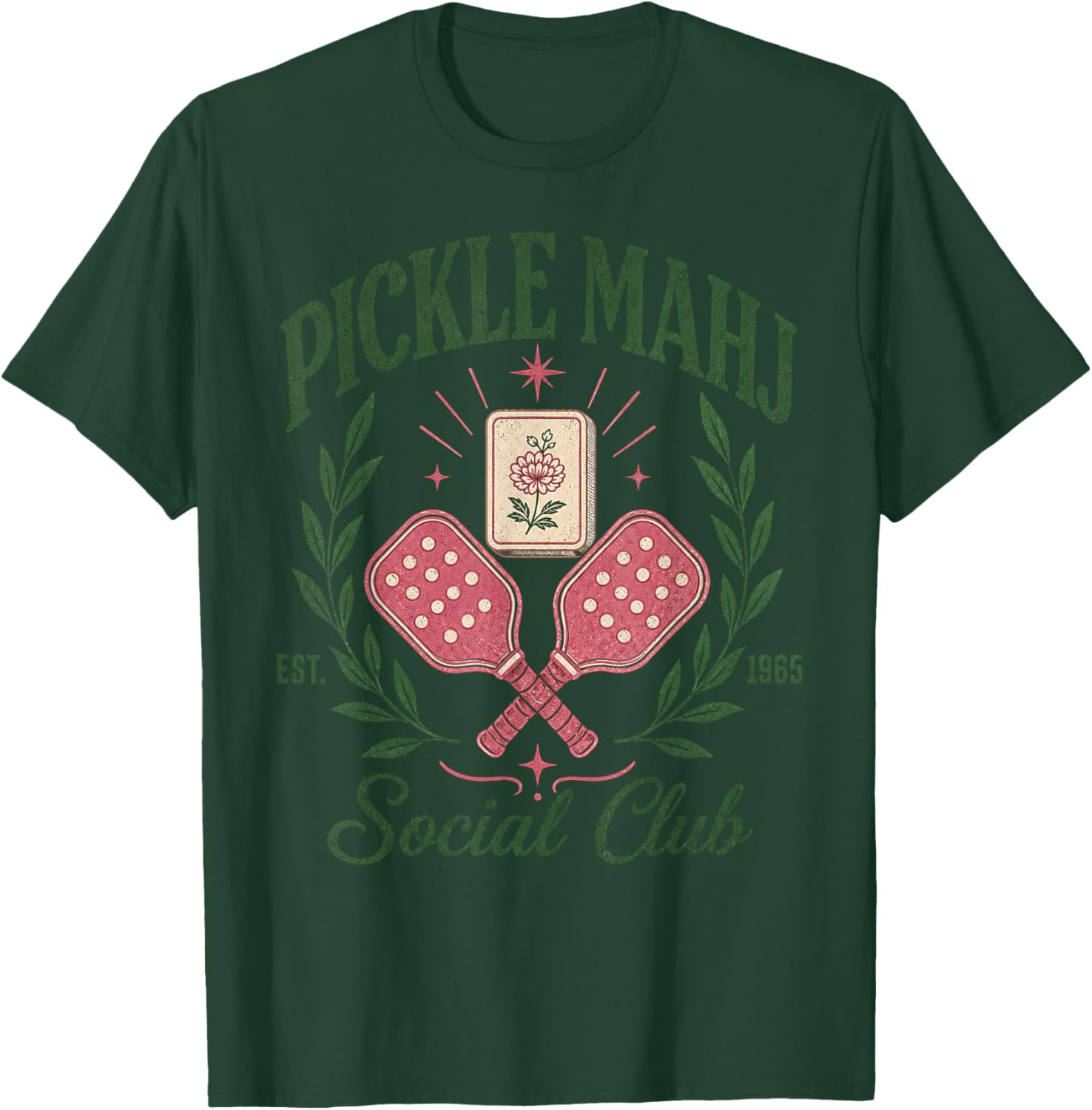 Pickleball Mahjong Social Club Retro Pickle Mahj Est 1965 T-Shirt - T-Shirt | Forest