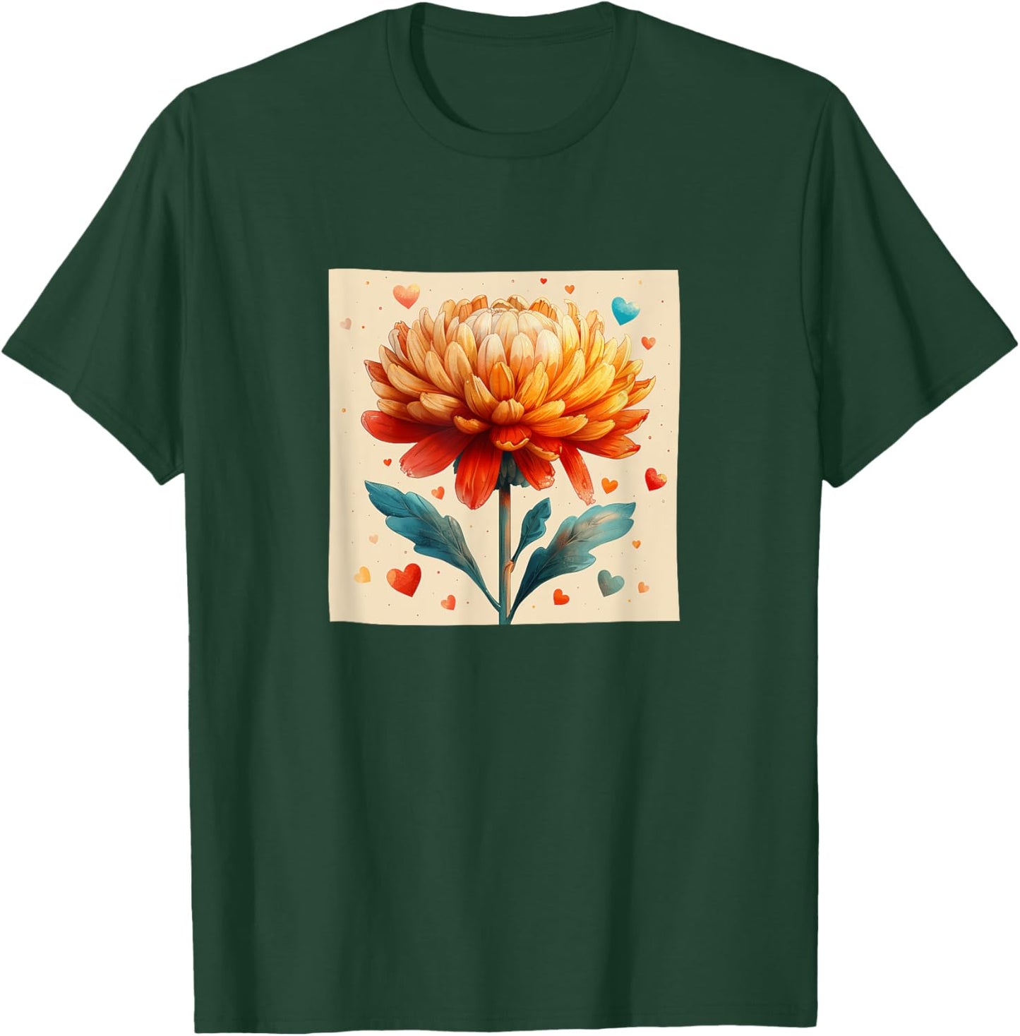 Chrysanthemum Flowers With Hearts Around Boho Graphic T-Shirt - T-Shirt | Forest