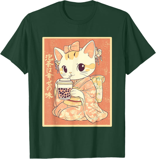 Kawaii Kimono Cat with Bubble Tea T-Shirt - T-Shirt | Forest
