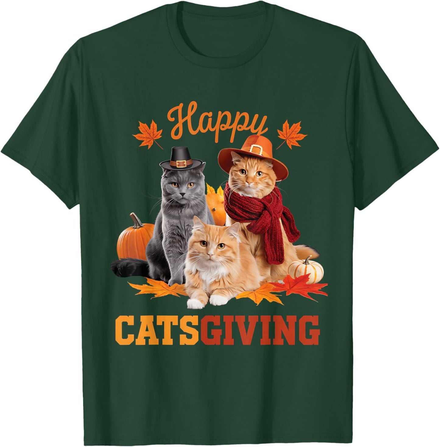 Happy Catsgiving Cute Thanksgiving Cat Wears Pilgrim Hat Women Girls Kids T-Shirt - T-Shirt | Forest