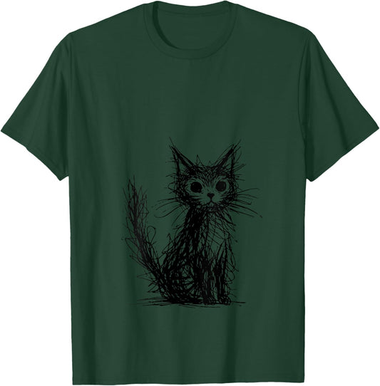 Women's Minimal Line Art Minimalist Abstract Sketch Scribble Cat V-Neck T-Shirt - T-Shirt | Forest