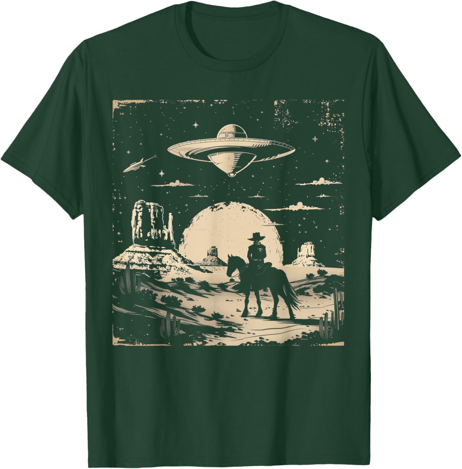 Vintage Western Cowboy Cowgirl UFO Wild West Horse T-Shirt - T-Shirt | Forest