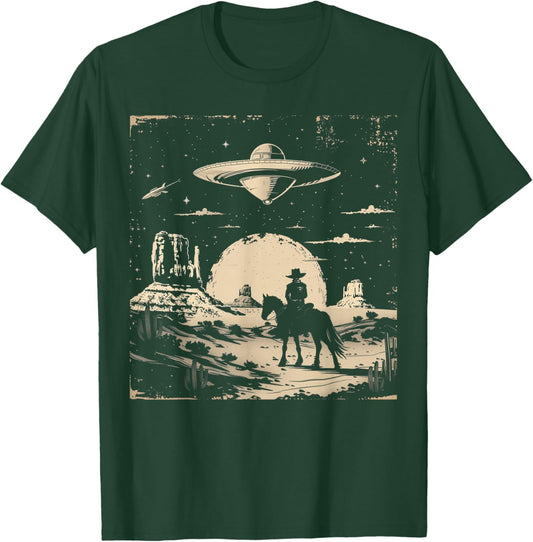 Vintage Western Cowboy Cowgirl UFO Wild West Horse T-Shirt - T-Shirt | Forest