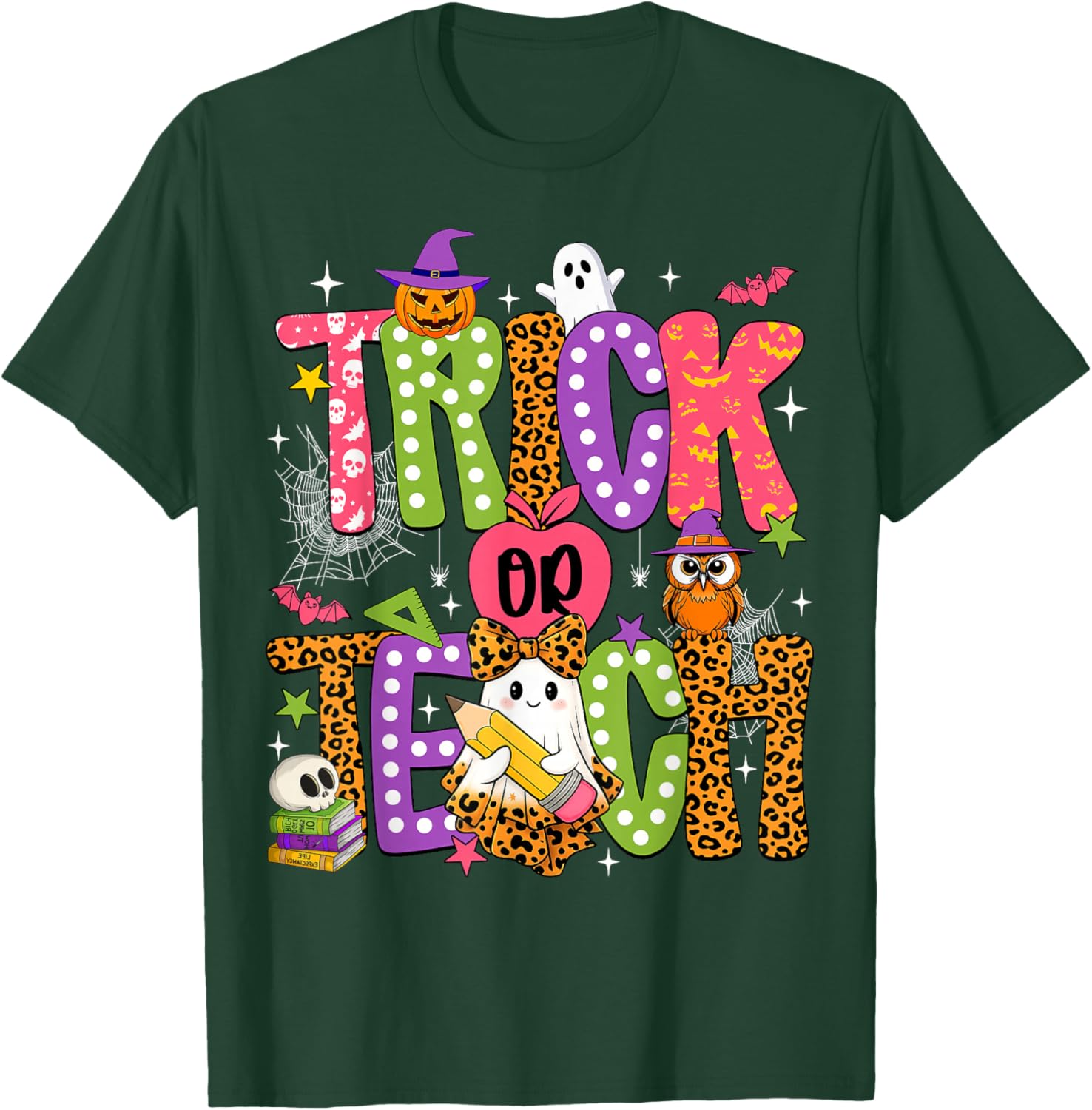 Retro Trick Or Teach Leopard Ghost Halloween Spooky Teacher T-Shirt - T-Shirt | Forest
