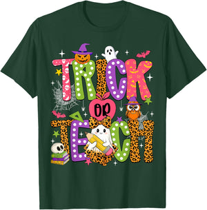 Retro Trick Or Teach Leopard Ghost Halloween Spooky Teacher T-Shirt - T-Shirt | Forest