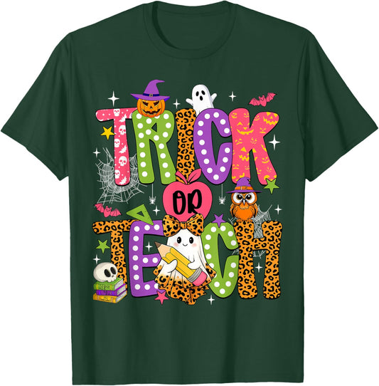 Retro Trick Or Teach Leopard Ghost Halloween Spooky Teacher T-Shirt - T-Shirt | Forest