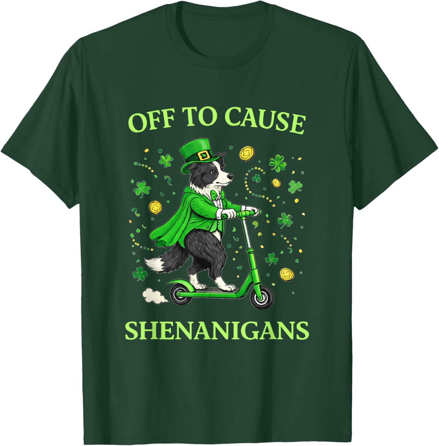 St Patricks Day Border Collie Leprechaun Scooter Shenanigans T-Shirt - T-Shirt | Forest
