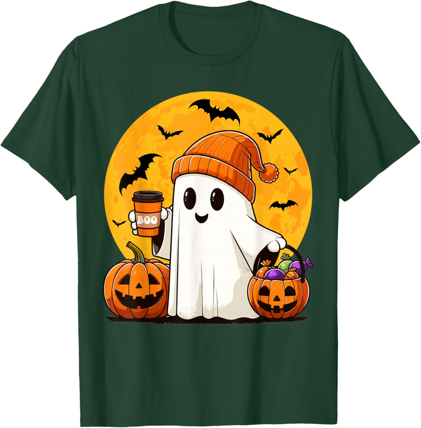 Cute Ghost Drinking Coffee Pumpkin Boo Funny Halloween Ghost T-Shirt - T-Shirt | Forest