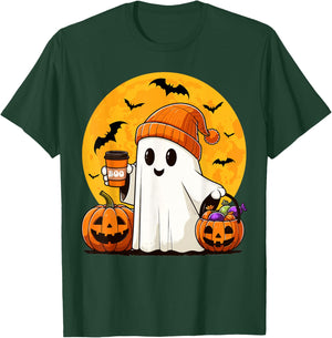 Cute Ghost Drinking Coffee Pumpkin Boo Funny Halloween Ghost T-Shirt - T-Shirt | Forest