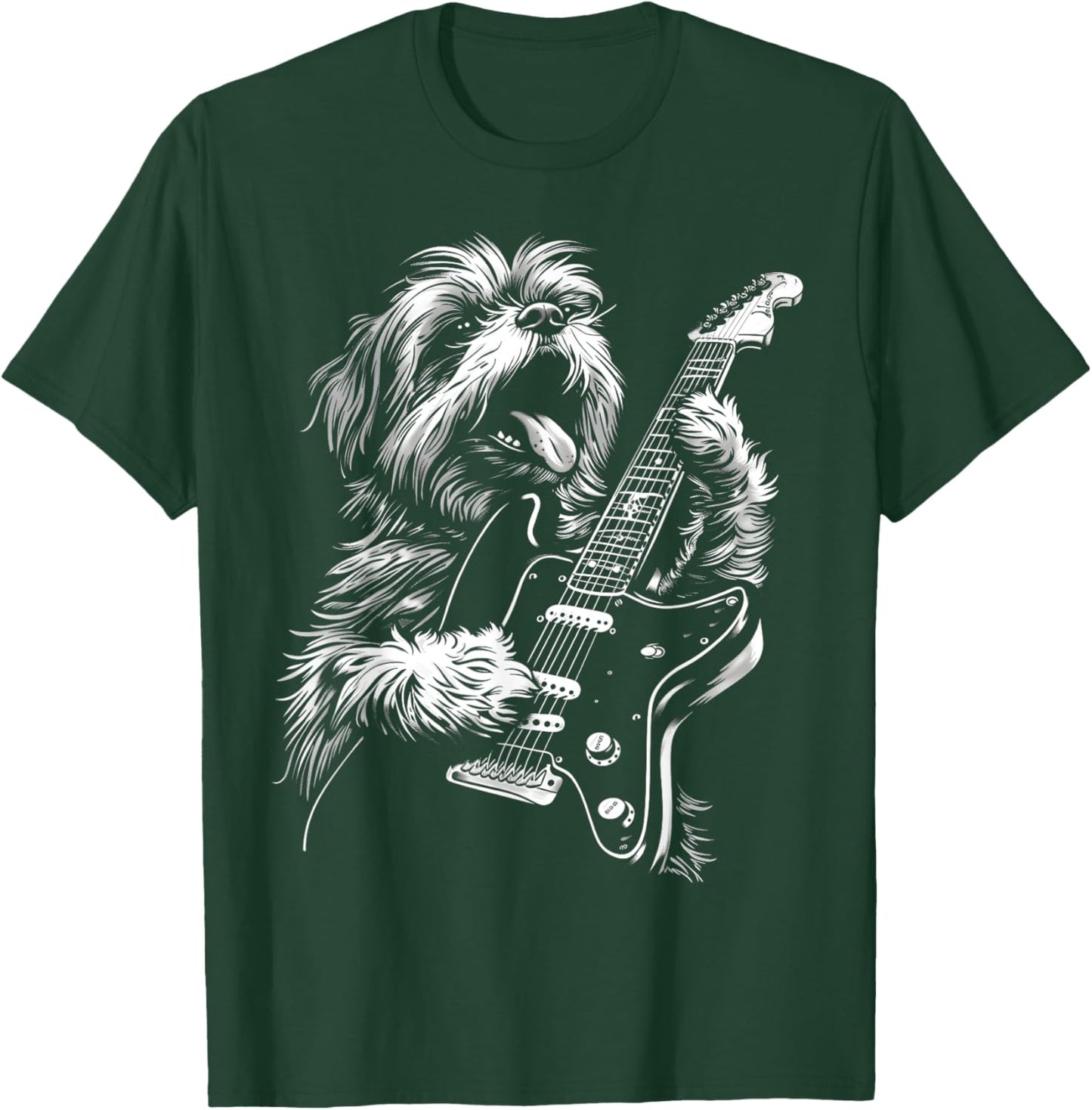 Funny Shih Tzu Dog Playing Electric Guitar Rock Dog Dad Men Women Kids T-Shirt - T-Shirt | Forest