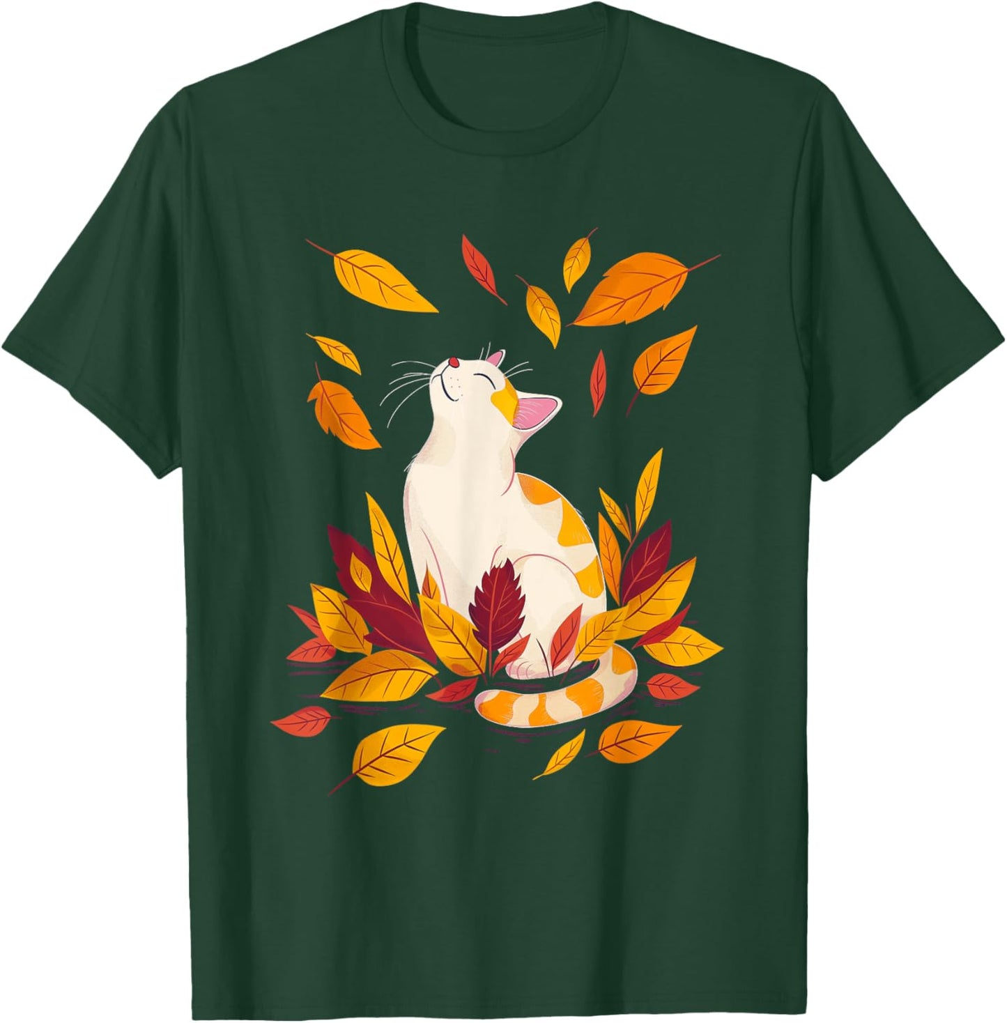 Cat Fall Leaf Tree Hello Autumn Thanksgiving T-Shirt - T-Shirt | Forest