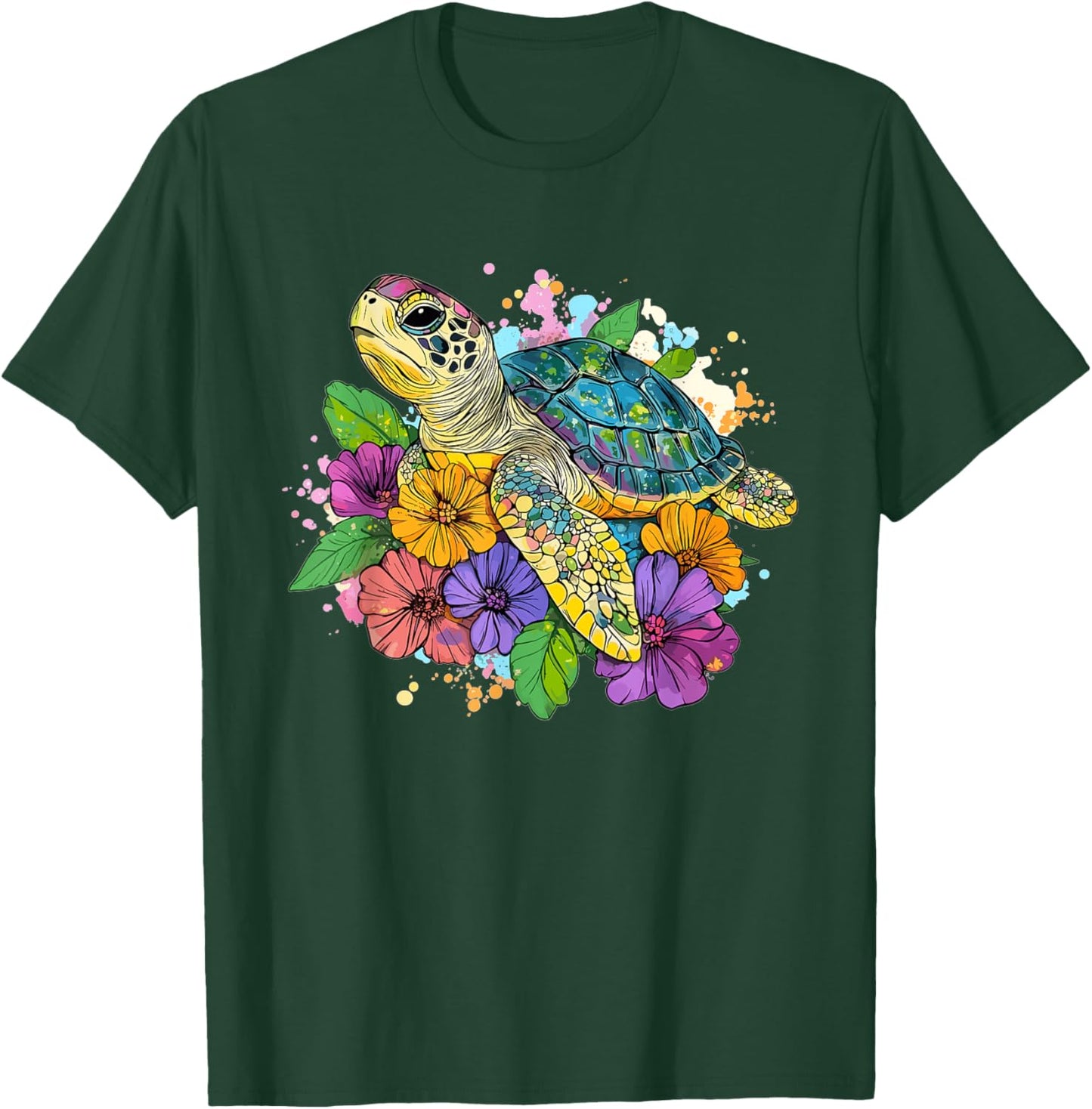 Vibrant Turtle with Flowers Splash T-Shirt - T-Shirt | Forest