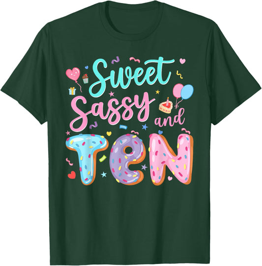 10Th Birthday Girl Sweet Sassy and Ten Donut 10 Year Old T-Shirt - T-Shirt | Forest