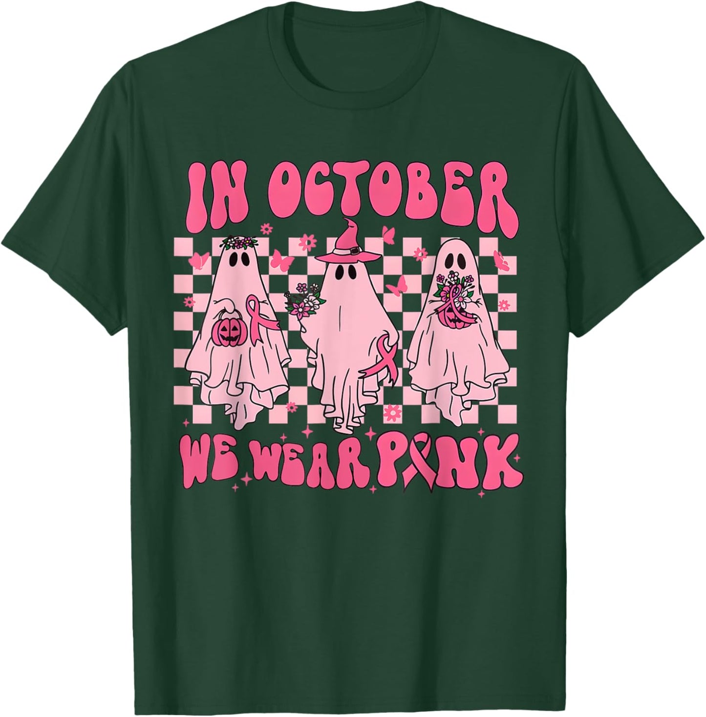 In October We Wear Pink Ghost Groovy Breast Cancer Halloween T-Shirt - T-Shirt | Forest