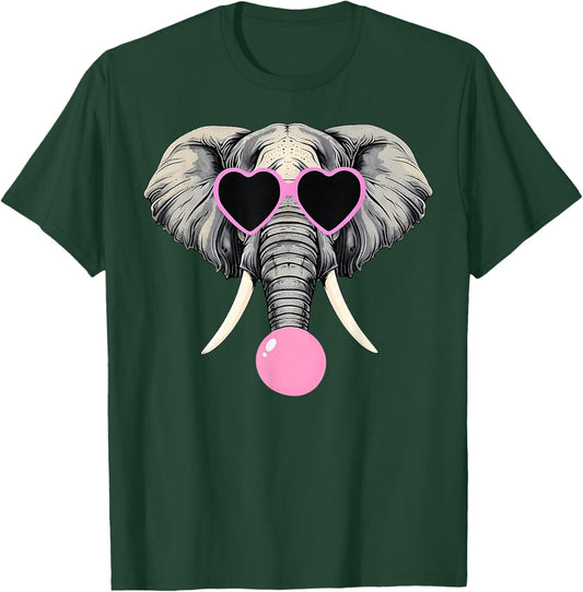 Funny Elephant Wearing Glasses and Blowing Pink Bubble Gum T-Shirt - T-Shirt | Forest