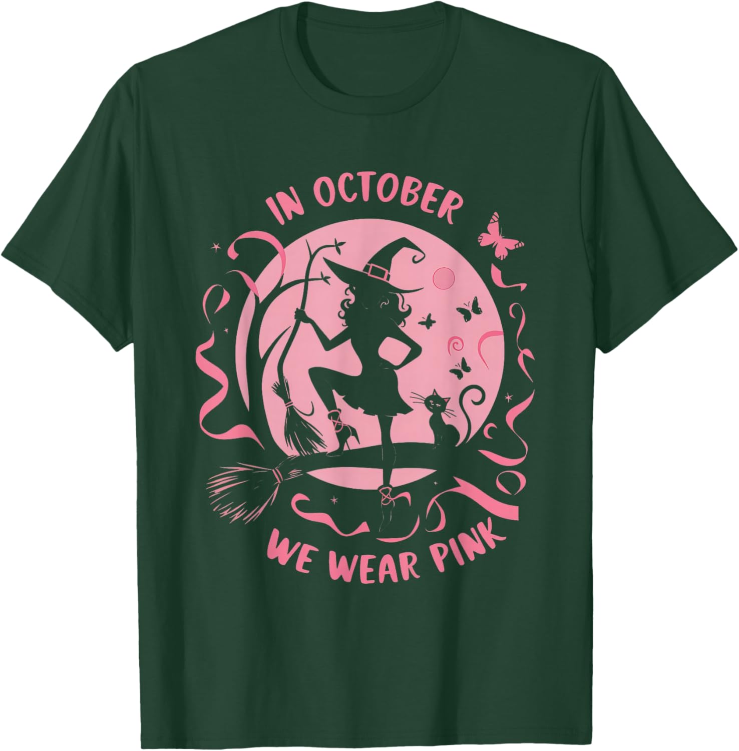 In October We Wear Pink Witch Halloween Breast Cancer Women T-Shirt - T-Shirt | Forest