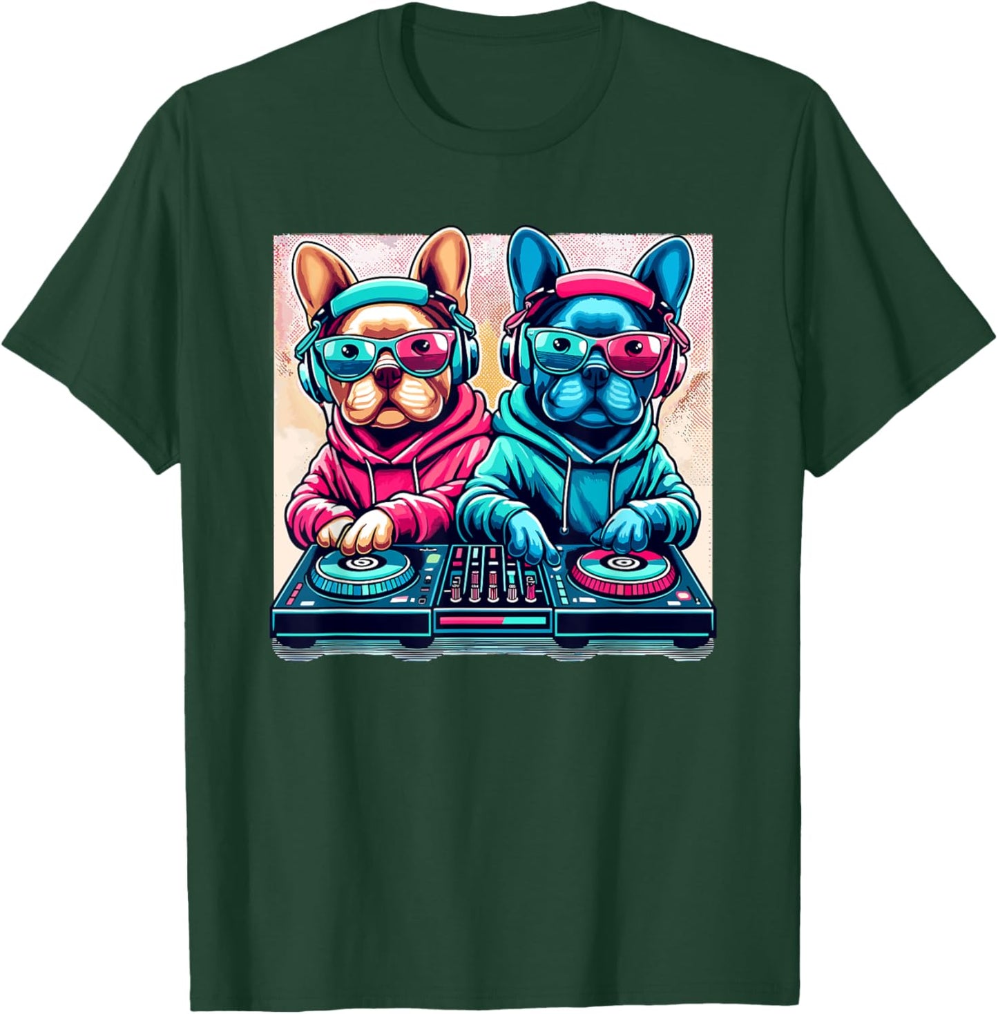 Funny DJ French Bulldog Disco Sound Tech Headphone Music T-Shirt - T-Shirt | Forest