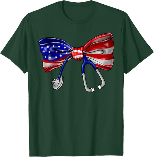 USA Flag Stethoscope Coquette Bow 4th of July RN Nursing T-Shirt - T-Shirt | Forest
