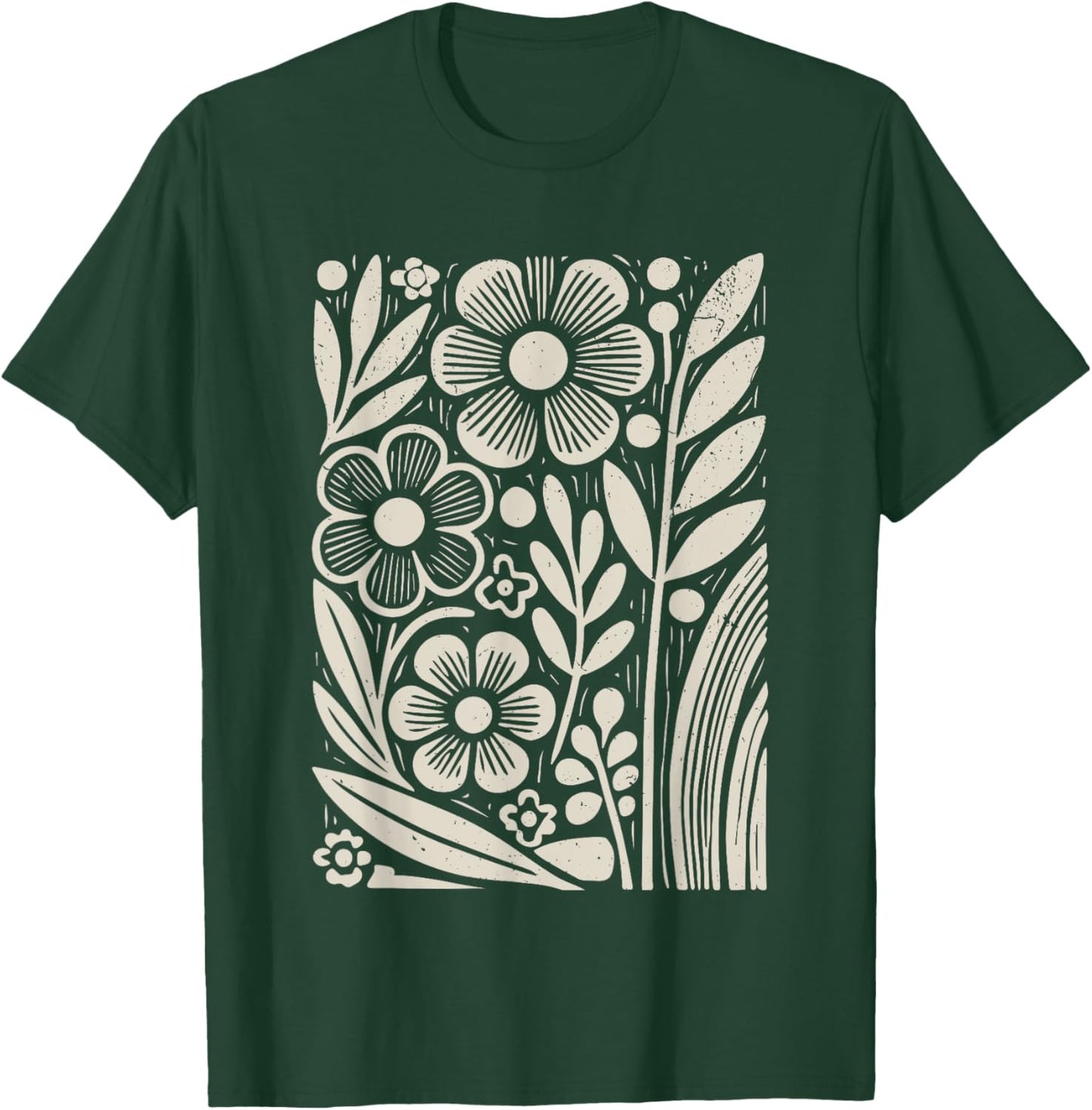 Botanical Floral Line Art Minimalist Nature Linocut Print T-Shirt - T-Shirt | Forest