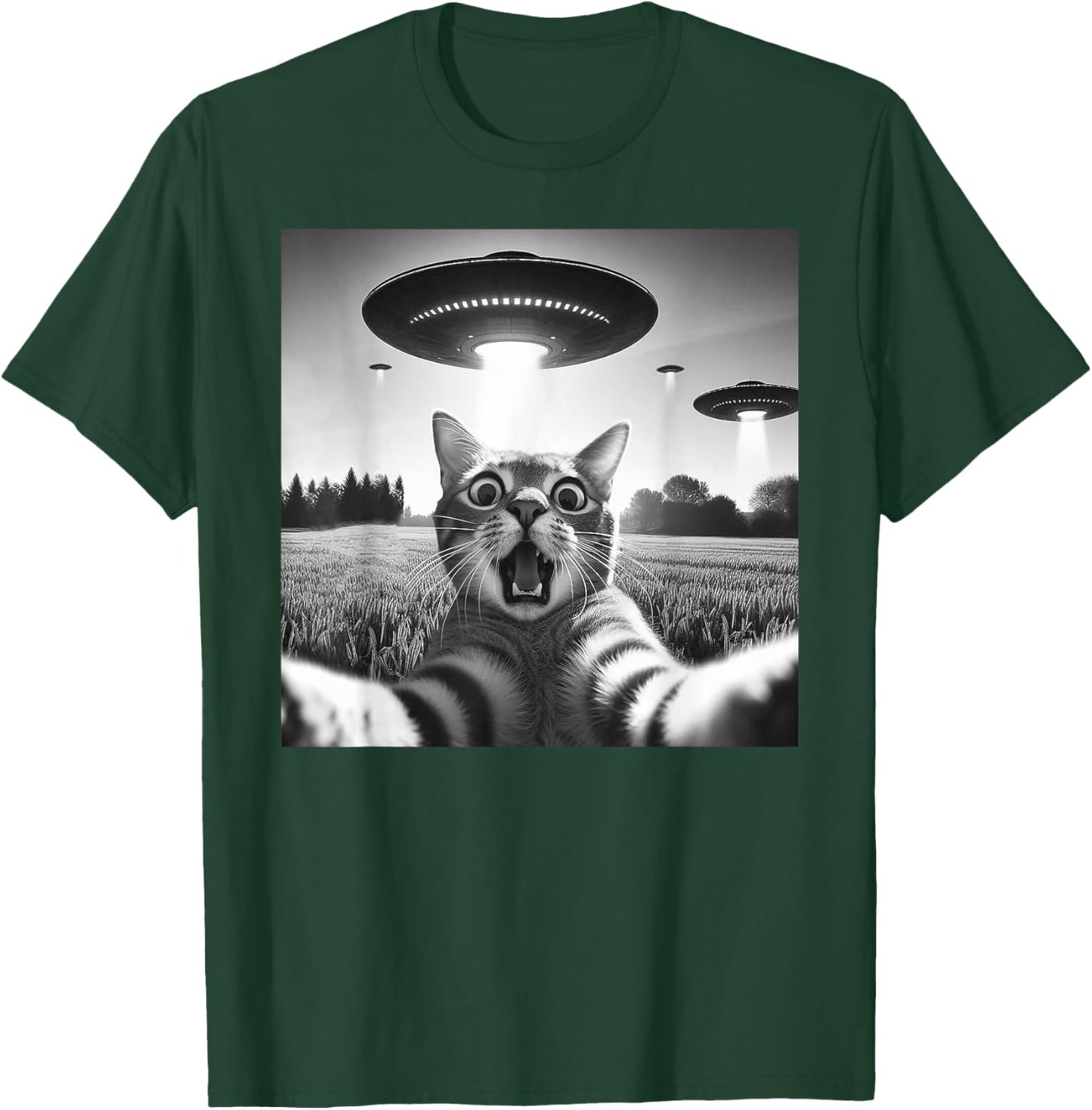 Cat Selfie With UFO Hilarious Alien Encounter T-Shirt - T-Shirt | Forest