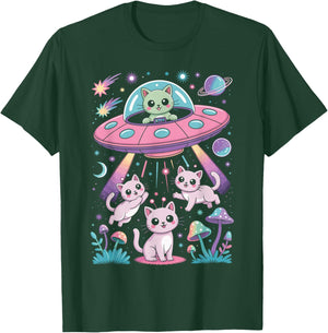Cute Alien Cat UFO with Space Kittens Pastel Aesthetic T-Shirt - T-Shirt | Forest