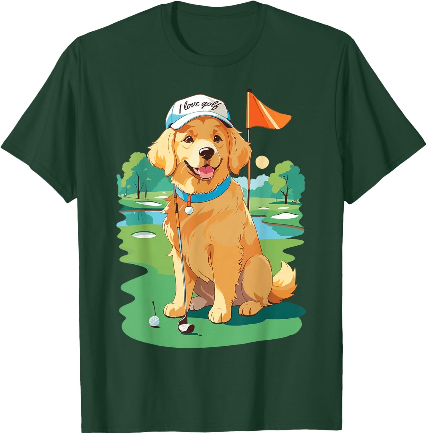 I Love Golf Golf Dog Illustration Golden Retriever T-Shirt - T-Shirt | Forest