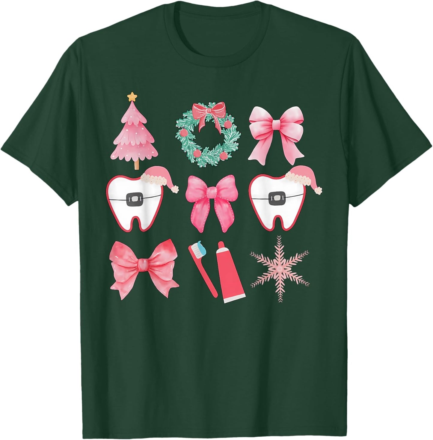 Christmas Coquette Bow Orthodontic Dental Dental Crew T-Shirt - T-Shirt | Forest