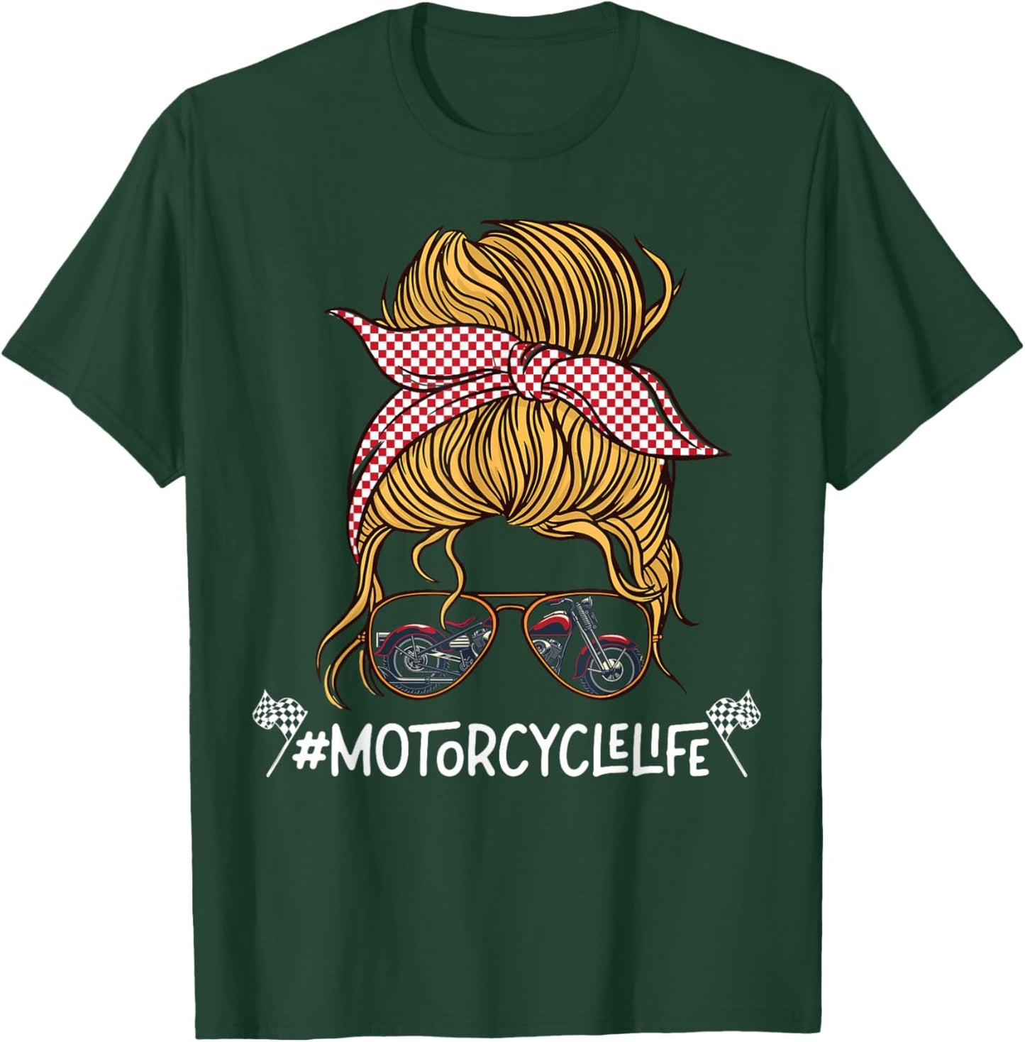 Classic Motorcycle Biker Girl Female Sunglasses Bun Bandana T-Shirt - T-Shirt | Forest