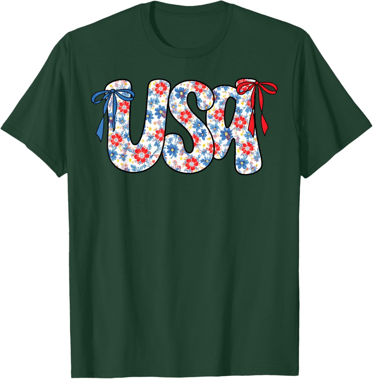 Fourth of July USA Patriotic Floral Coquette Bow Women Girl T-Shirt - T-Shirt | Forest