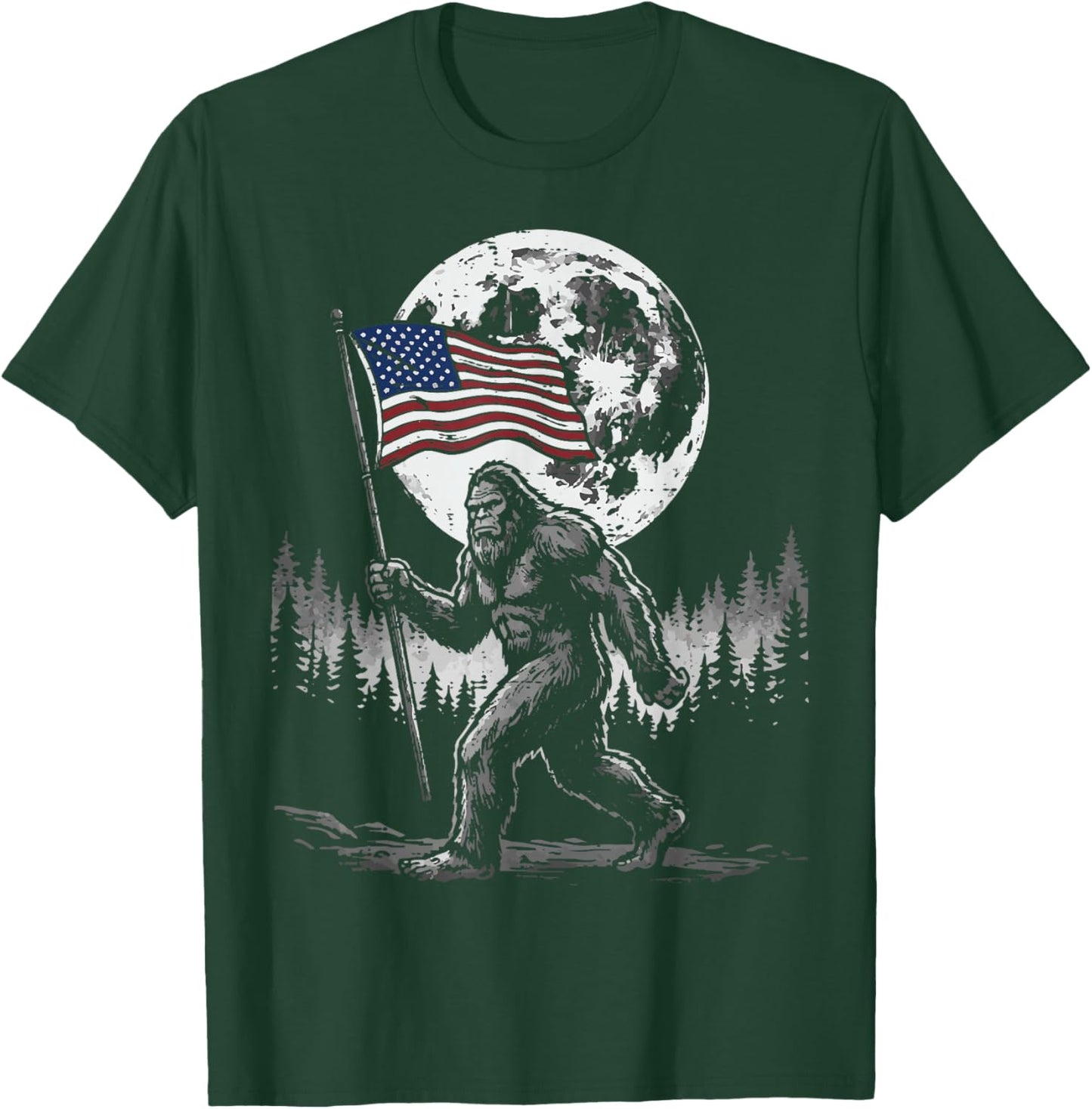 4th of July Bigfoot USA Flag Moon Sasquatch Men Women Kids T-Shirt - T-Shirt | Forest