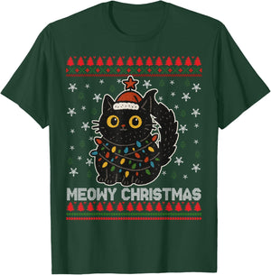 Meowy Christmas Ugly Christmas Sweater Black Cat Xmas Light T-Shirt - T-Shirt | Forest
