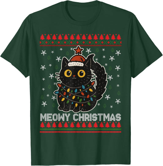 Meowy Christmas Ugly Christmas Sweater Black Cat Xmas Light T-Shirt - T-Shirt | Forest