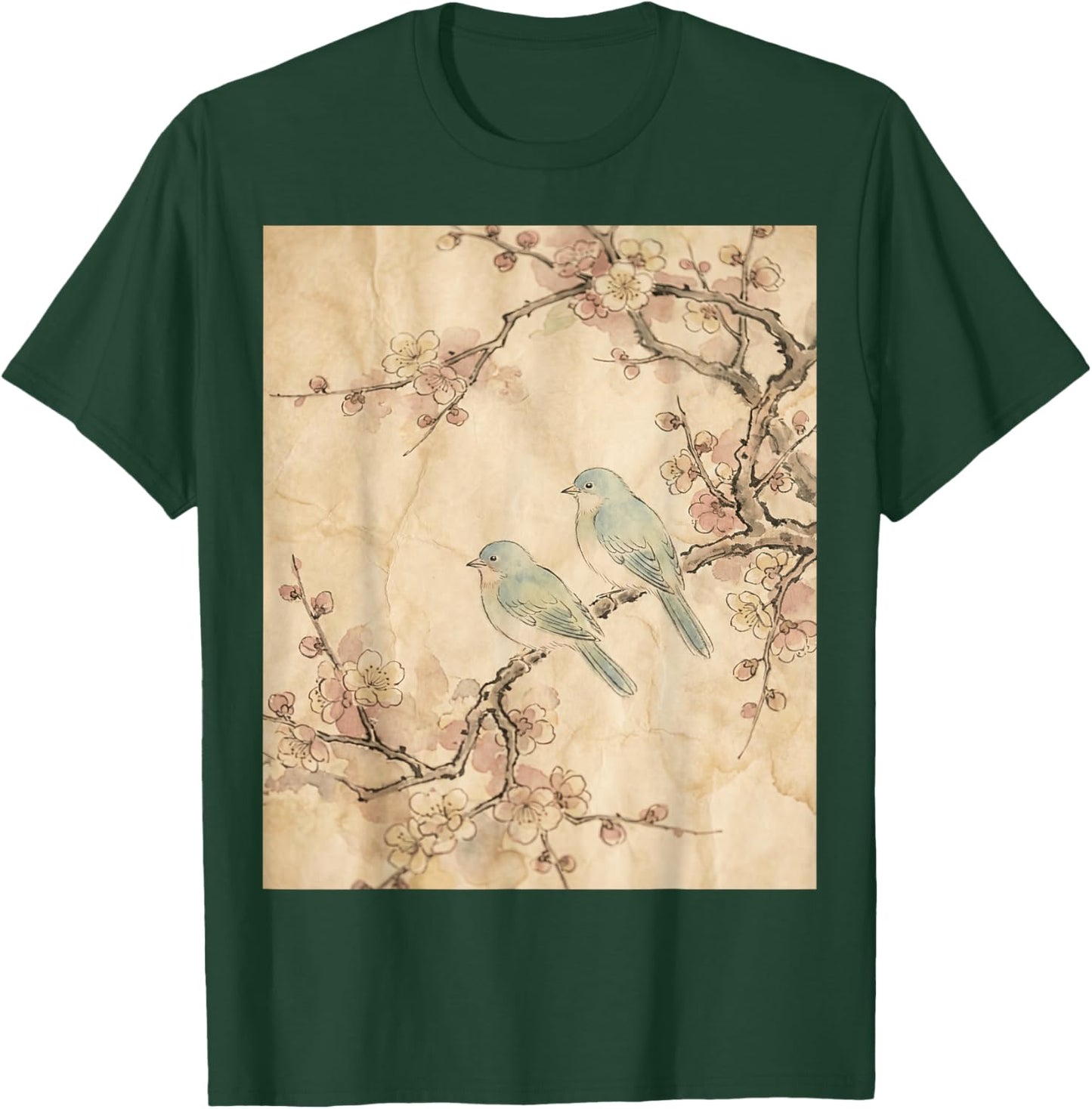 Sakura Blossom Birds Japanese Ink Painting Art T-Shirt - T-Shirt | Forest