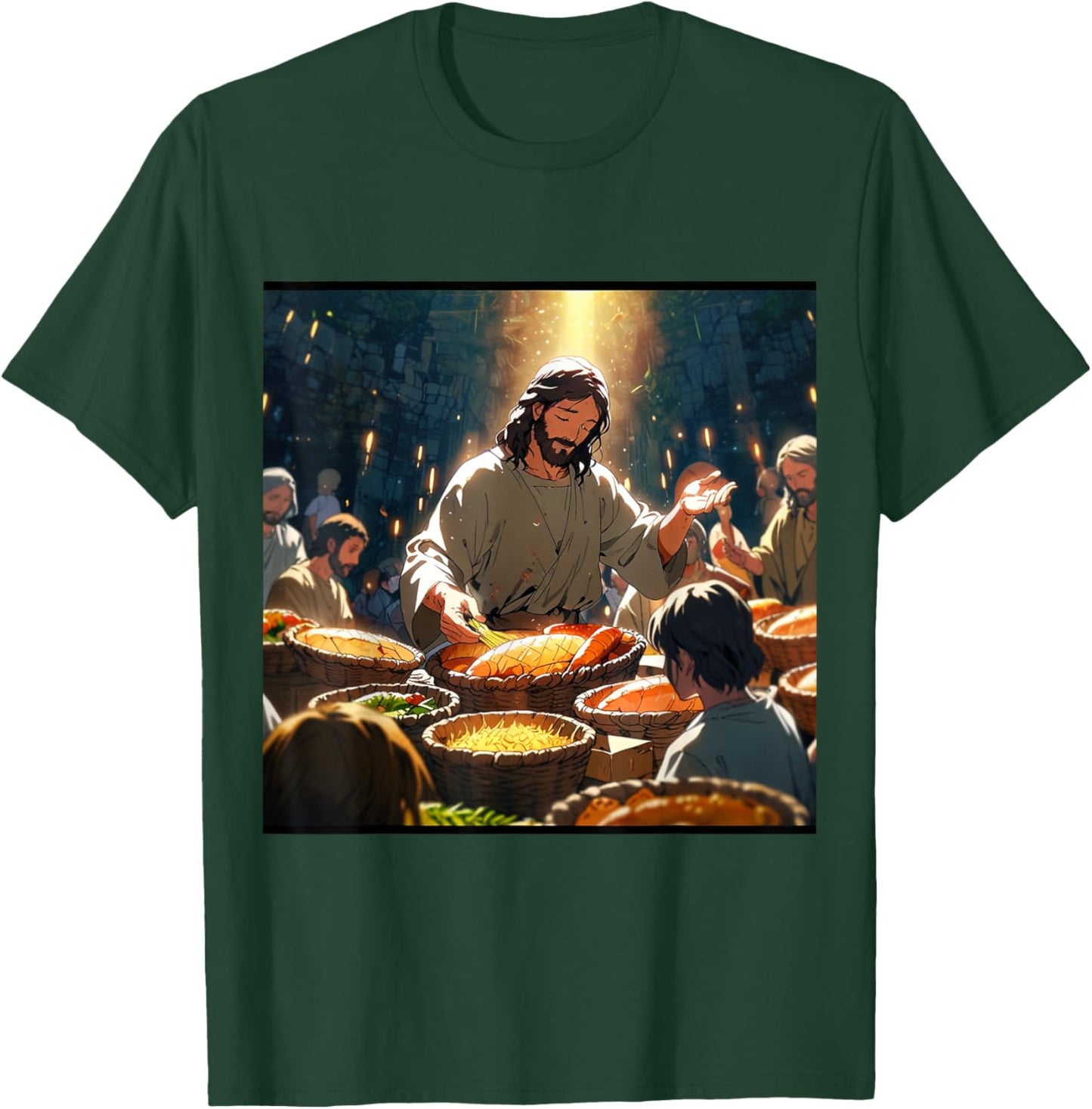 Jesus Anime Miracle Fishes and Loaves Matthew 14 Feed 5000 T-Shirt - T-Shirt | Forest